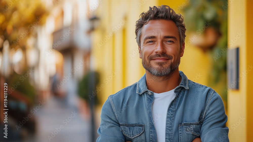 Fototapeta premium Smiling Mature Man in Denim Outdoors
