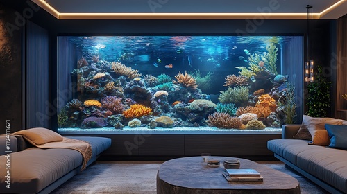 A large, elegant fish tank dividing a living room and study, filled with vivid coral reefs and exotic fish, softly illuminated by LED lights, surrounded by a contemporary, minimalist interior design. photo