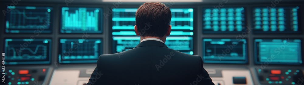 Businessman Analyzing Data on Multiple Monitors in Dark Control Room Businessman Analyzing Data on Multiple Monitors in Dark Control Room