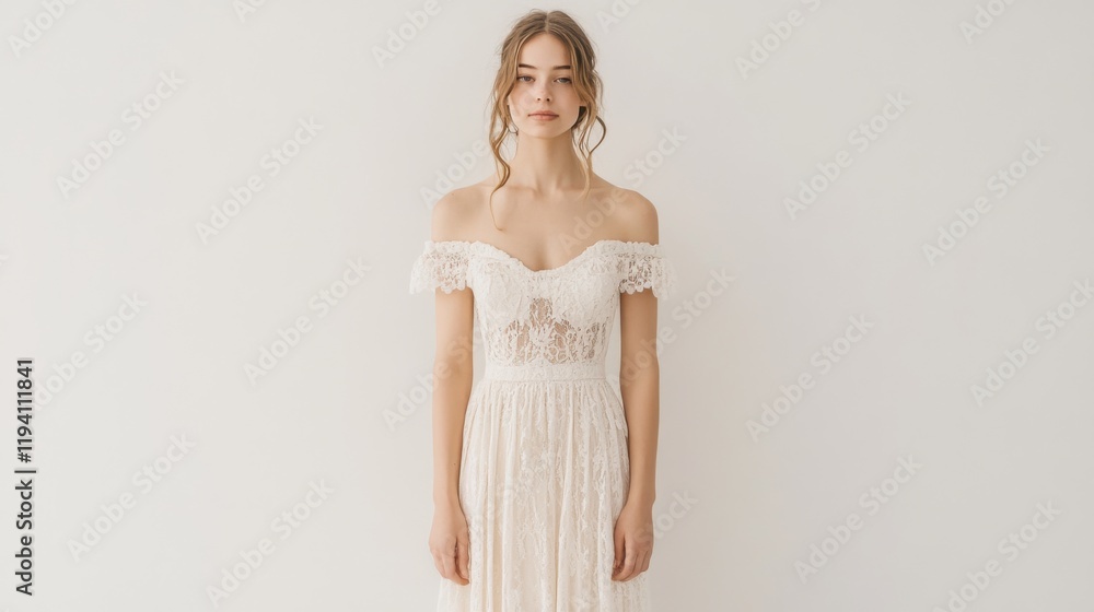Elegant woman in off-shoulder lace wedding gown. Elegant woman in off-shoulder lace wedding gown.
