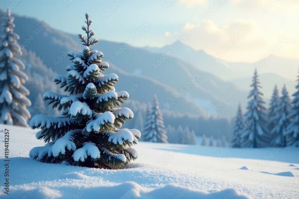 Naklejka premium Frosty fir tree amidst snowy landscape, serene winter scene, forest, scenery, serene