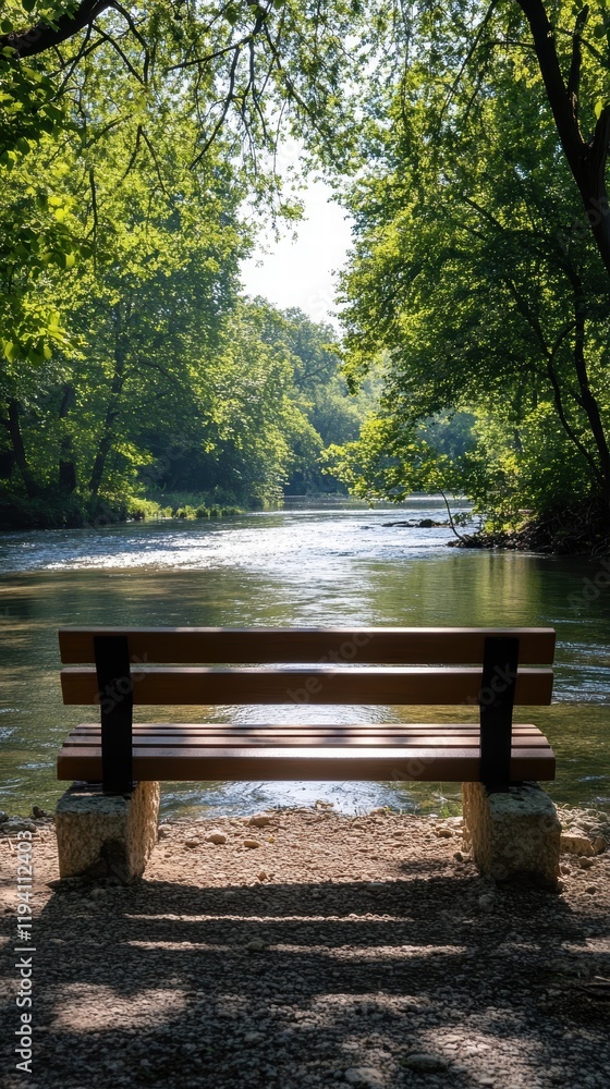 A peaceful riverside bench with a view of gently flowing water, surrounded by trees and a soft breeze. A peaceful riverside bench with a view of gently flowing water, surrounded by trees and a soft breeze.