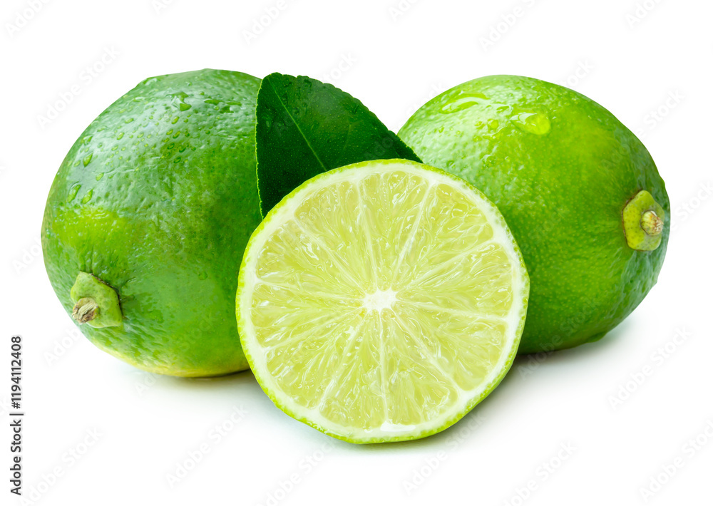 Front view of fresh green lemon fruits with half and green leaves in stack isolated on white background with clipping path Front view of fresh green lemon fruits with half and green leaves in stack isolated on white background with clipping path