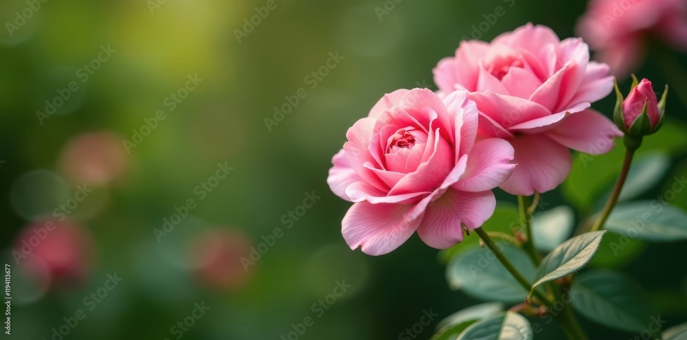 Delicate sweet pink rose flowers blooming in a lush garden, romance, sweet, nature Delicate sweet pink rose flowers blooming in a lush garden, romance, sweet, nature