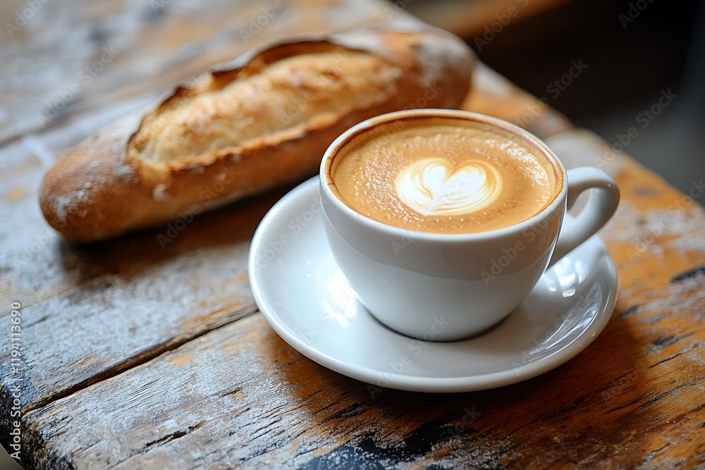 A close-up of a cup of coffee and a fresh baguette slice on a weathered wooden table, with natural lighting enhancing the details. A close-up of a cup of coffee and a fresh baguette slice on a weathered wooden table, with natural lighting enhancing the details.