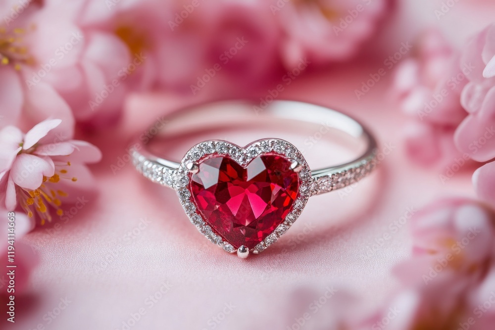 Close-up of a beautiful heart-shaped ruby and white gold engagement ring on a pink background with flowers. Valentine day. Close-up of a beautiful heart-shaped ruby and white gold engagement ring on a pink background with flowers. Valentine day.
