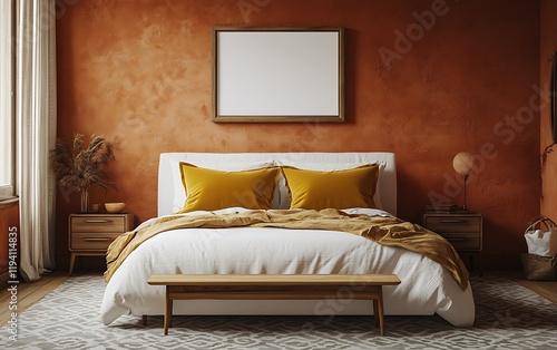 Wallpaper Mural Cozy bedroom interior design, terracotta walls, mustard yellow bedding, wooden bench Torontodigital.ca