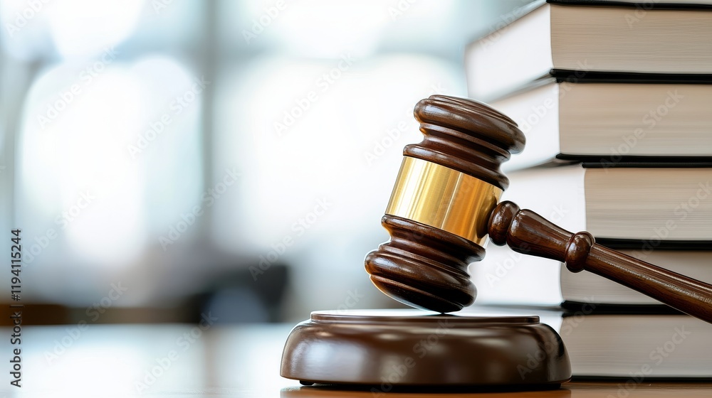 Gavel on a Sound Block Next to Law Books Representing Justice and Legal System in the Courtroom Gavel on a Sound Block Next to Law Books Representing Justice and Legal System in the Courtroom