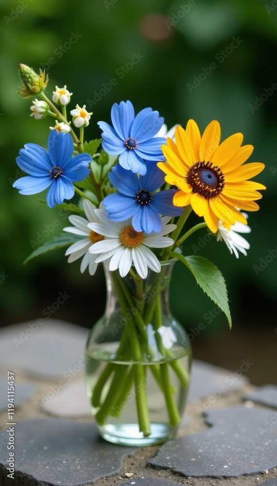 Blue cornflower and white sunflower stems arranged in a simple glass vase on a stone patio, glass vase, blue cornflowers, summer flowers Blue cornflower and white sunflower stems arranged in a simple glass vase on a stone patio, glass vase, blue cornflowers, summer flowers