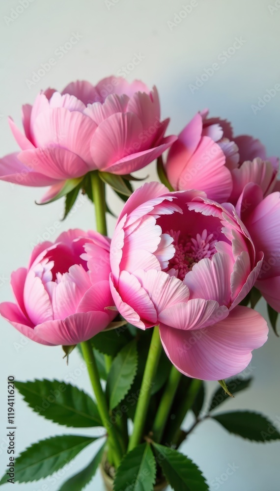 Obraz premium A bunch of fresh pink peonies and roses with green stems and leaves , arrangement, cut flowers , greenery