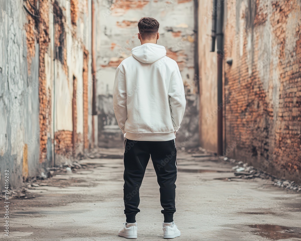 Young man in streetwear standing in an urban alley, back view, modern and edgy Young man in streetwear standing in an urban alley, back view, modern and edgy