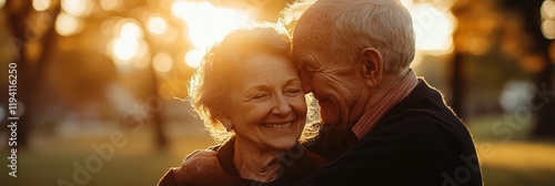 A senior couple hugging and smiling in a sunlit room, radiating love and happiness in a peaceful home setting. photo