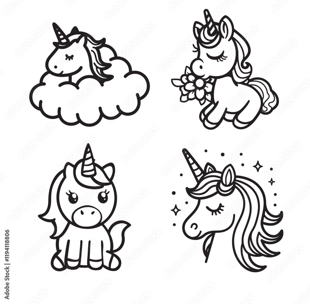 Obraz premium cute unicorn silhouette black and white vector illustration collection 