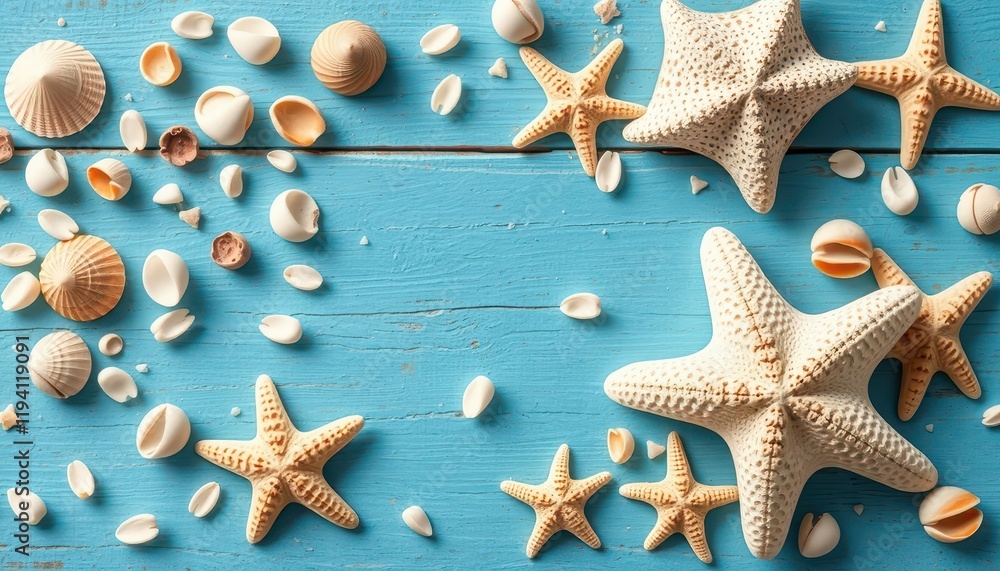 Elegant beach-themed arrangement of seashells and starfish on vibrant blue wood, perfect for coastal decor or summer vibes Elegant beach-themed arrangement of seashells and starfish on vibrant blue wood, perfect for coastal decor or summer vibes