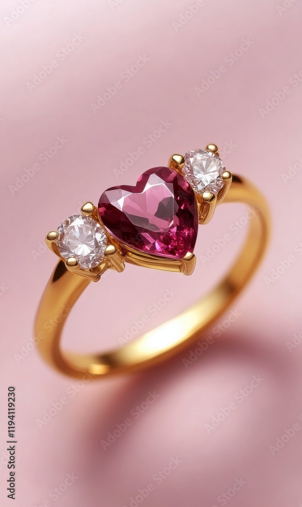 A delicate gold ring with three heart-shaped diamonds and one ruby, placed on pink background, Valentine day concept. A delicate gold ring with three heart-shaped diamonds and one ruby, placed on pink background, Valentine day concept.