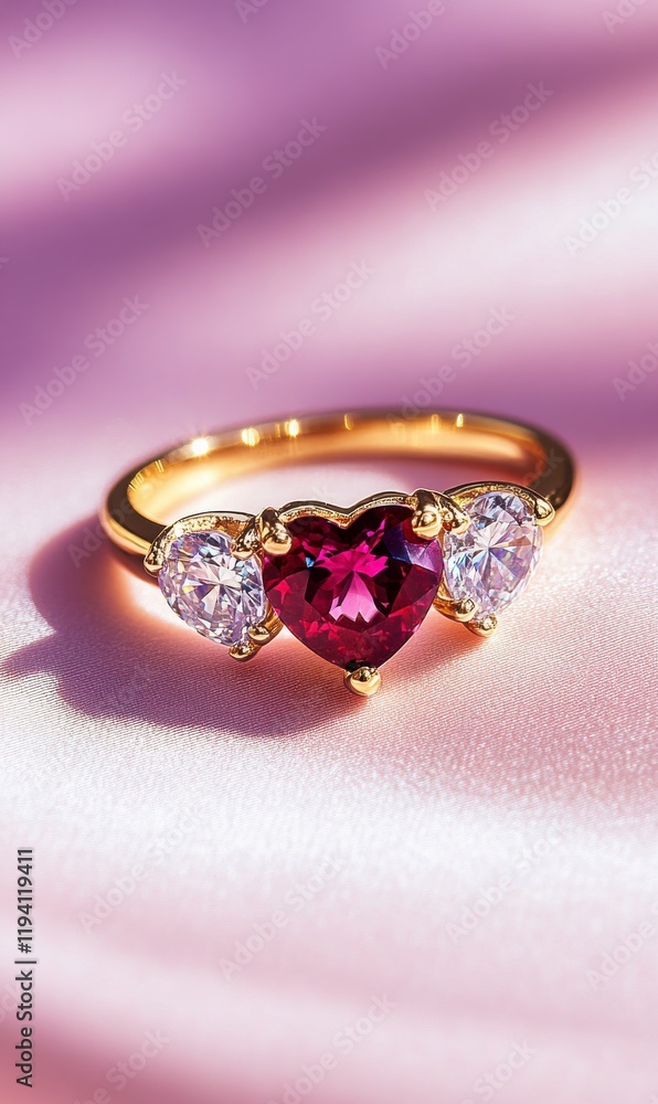 A delicate gold ring with three heart-shaped diamonds and one ruby, placed on pink background, Valentine day concept. A delicate gold ring with three heart-shaped diamonds and one ruby, placed on pink background, Valentine day concept.