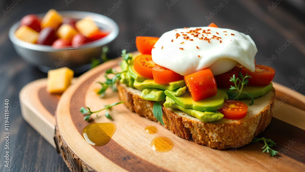 Avocado Toast with Poached Egg and Cherry Tomatoes, Garnished with Microgreens and Served on a Rustic Wooden Board Avocado Toast with Poached Egg and Cherry Tomatoes, Garnished with Microgreens and Served on a Rustic Wooden Board