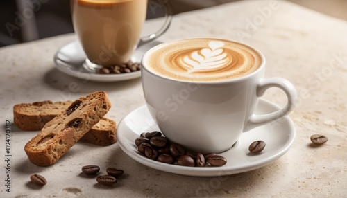 Aromatic coffee latte with biscotti and coffee beans on a light table