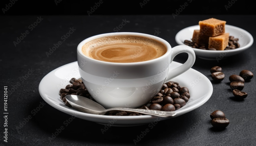 Fototapeta premium Aromatic espresso coffee in white cup with coffee beans and brown sugar cubes on dark background