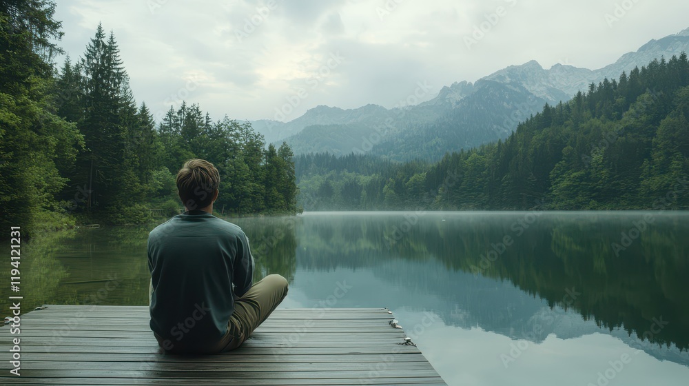 Fototapeta premium Man in casual clothing sitting on a dock facing a serene lake, back view, reflective mood