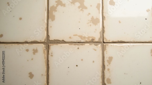 Ceramic floor tiles with scratches, scuffs, and cracks, showing wear and aging from years of use.