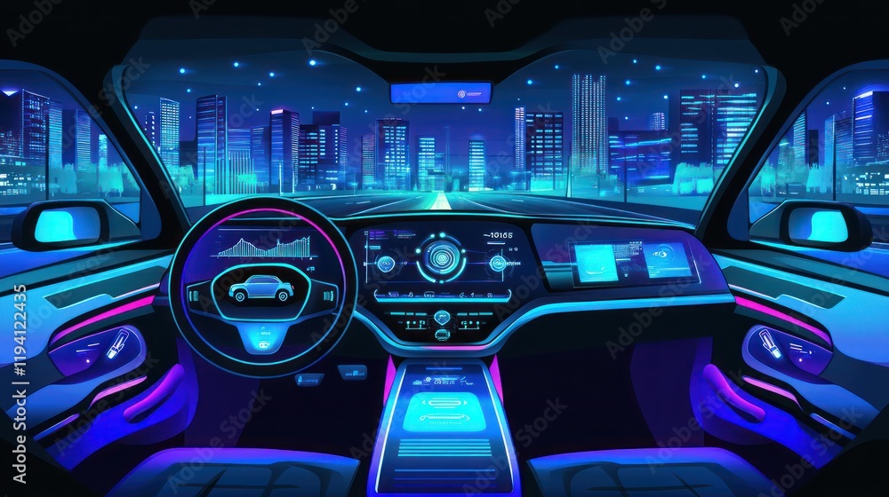 Futuristic Nightscape: Autonomous Vehicle Interior Futuristic Nightscape: Autonomous Vehicle Interior