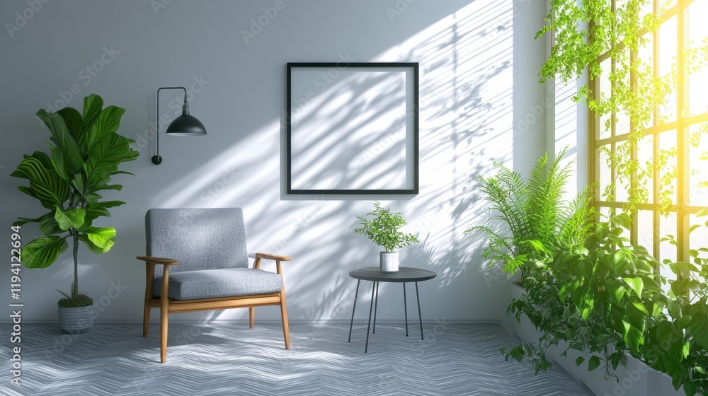 Cozy Modern Living Room with Natural Light and Green Plants Cozy Modern Living Room with Natural Light and Green Plants