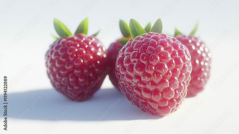 Fresh and Juicy Ripe Raspberries with Green Leaves on White Background Fresh and Juicy Ripe Raspberries with Green Leaves on White Background