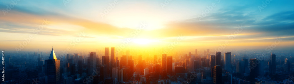 Fototapeta premium Sunrise over urban skyline new york city aerial view modern business environment economic growth and gdp insights