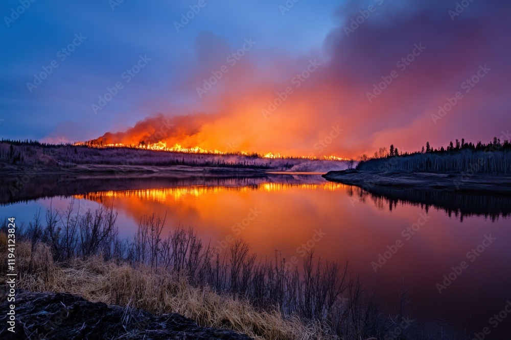 Fototapeta premium Forest Fire Reflection at Dusk Near Calm River