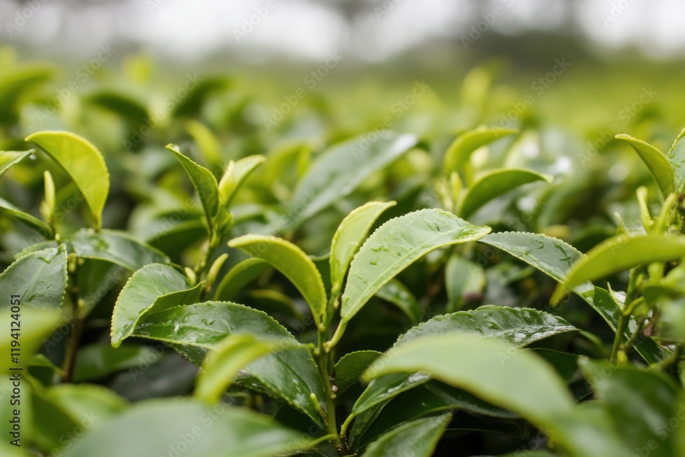 Raindrops on Fresh Tea Leaves in Natural Setting Raindrops on Fresh Tea Leaves in Natural Setting