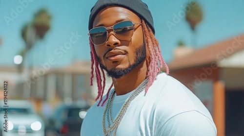 Stylish Man with Pink Hair and Sunglasses in Urban Setting