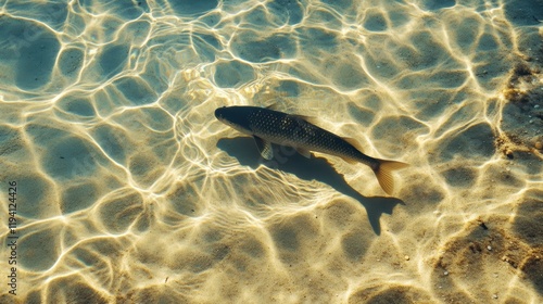 The shadow of a fish swimming in clear water, the delicate movement creating ripples on the sand.