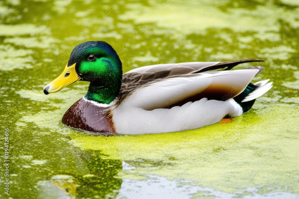 Duck Swimming in Pond Covered with Green Algae Duck Swimming in Pond Covered with Green Algae