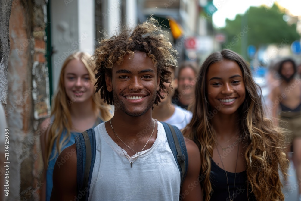 A group of smiling college students walking on street with backpacks . A group of smiling college students walking on street with backpacks .