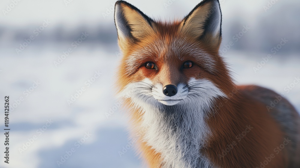Obraz premium Beautiful Red Fox Smiling in Snowy Landscape in Winter Light