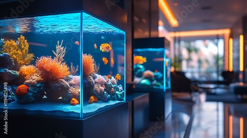 A bold geometric fish tank with a cube-like structure, featuring radiant marine life and glowing coral, positioned in a modern interior with glossy surfaces and soft mood lighting. --ar 16:9 photo