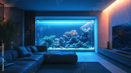 A bold geometric fish tank with a cube-like structure, featuring radiant marine life and glowing coral, positioned in a modern interior with glossy surfaces and soft mood lighting. --ar 16:9 photo