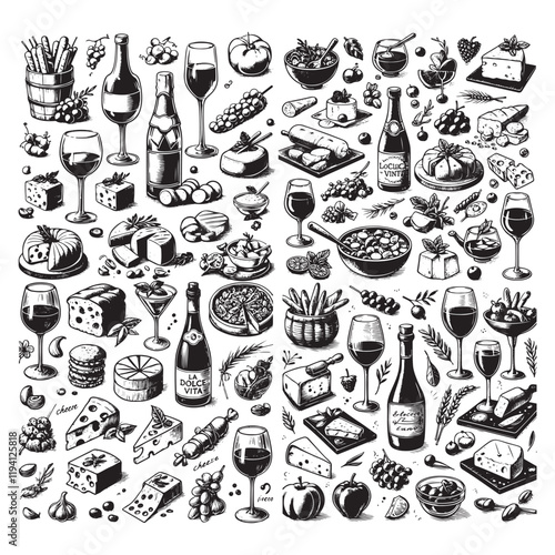 Chalk food illustrations, wedding dinner icons, wine or champagne glass, cheese, and charcuterie drawings for wedding invitations, cafe menus, and parties. La dolce vita italian sketch style.