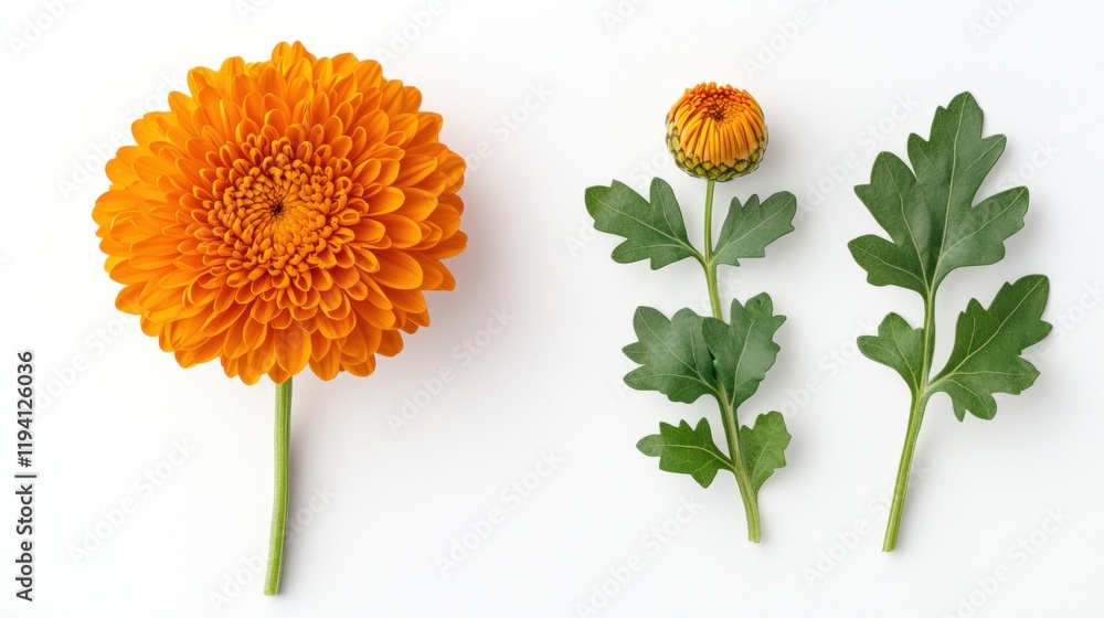 Vibrant Orange Flower with Bud and Leaves on Clean White Background Vibrant Orange Flower with Bud and Leaves on Clean White Background
