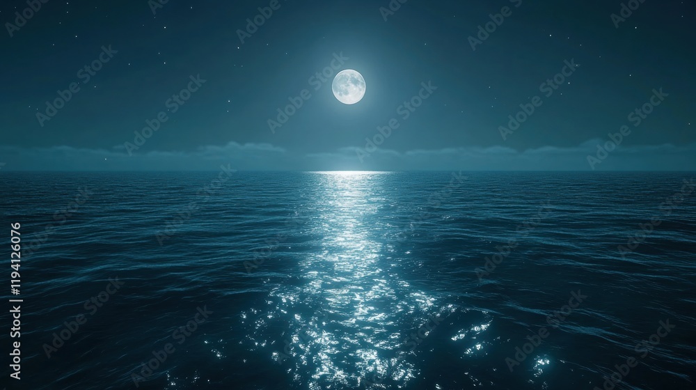 Fototapeta premium Serene Night Ocean View Under Bright Full Moonlight Reflection
