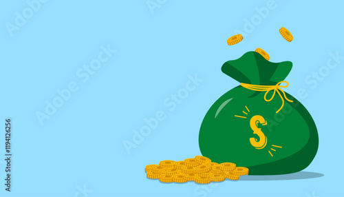 Illustration of a green money bag with gold coins, tied with a yellow string, on a light blue background symbolizing wealth