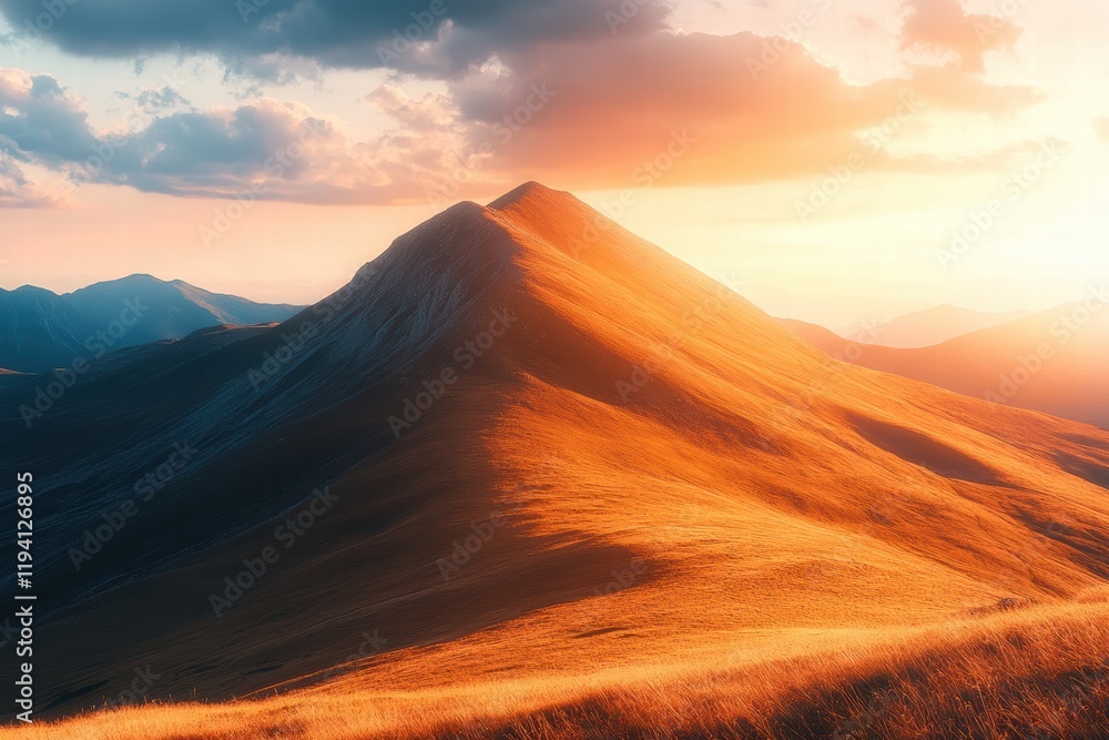 Naklejka premium The shadow of a mountain ridge stretching across a desert landscape, with the warm light of the setting sun illuminating the scene.