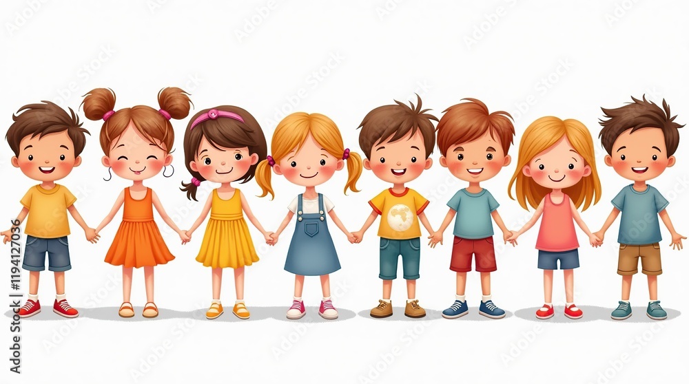 Group of Cheerful Cartoon Children Standing Together in Happy Unity Group of Cheerful Cartoon Children Standing Together in Happy Unity