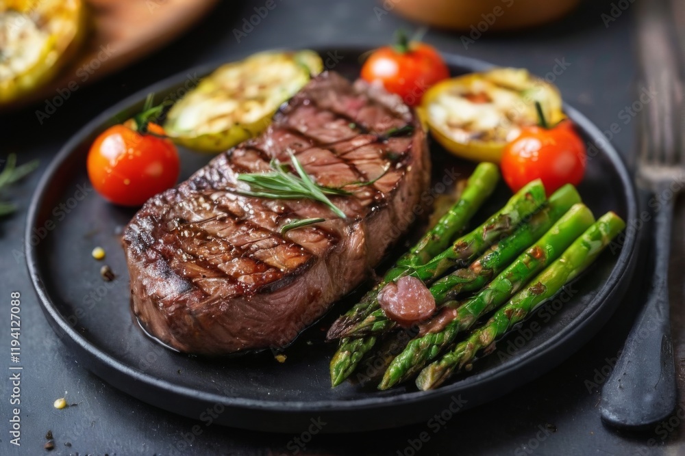 Grilled steak with asparagus, cherry tomatoes, and rosemary garnish on black plate, elegantly presented with grilled vegetables and utensils. Grilled steak with asparagus, cherry tomatoes, and rosemary garnish on black plate, elegantly presented with grilled vegetables and utensils.