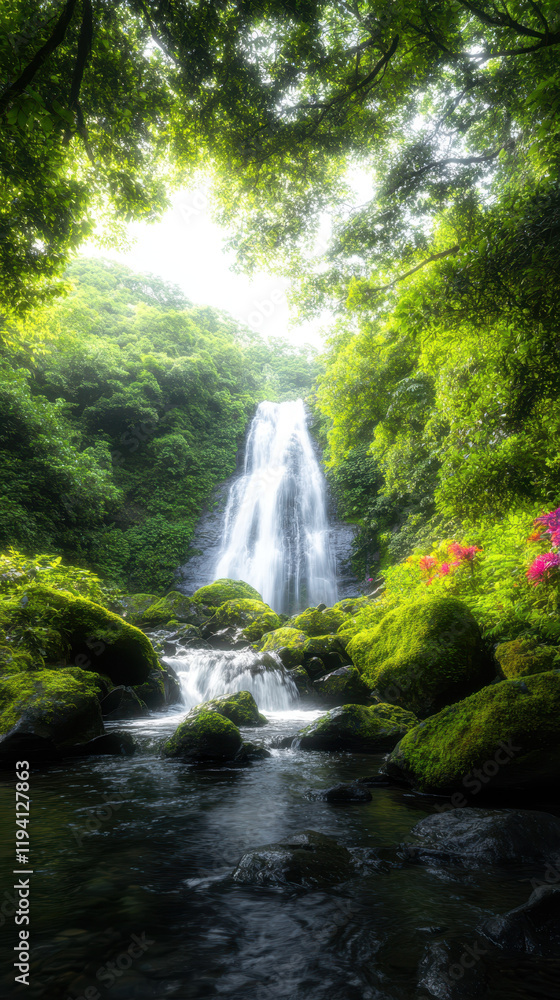 Obraz premium serene waterfall cascading through lush jungle landscape