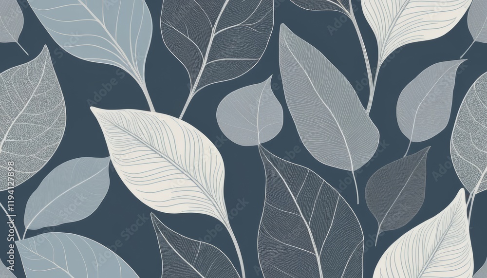 Fototapeta premium Elegant Skeleton Leaves Seamless Pattern, Botanical Dark Blue Background Illustration