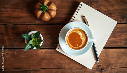 A stylish and aesthetic coffee setup on a rustic wooden surface, featuring a steaming cup of coffee with latte art, a small plant, and a notebook photo