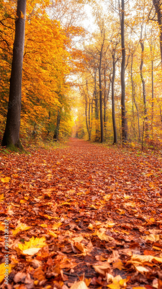 Obraz premium vibrant autumn forest path lined with colorful leaves