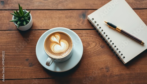 A stylish and aesthetic coffee setup on a rustic wooden surface, featuring a steaming cup of coffee with latte art, a small plant, and a notebook photo